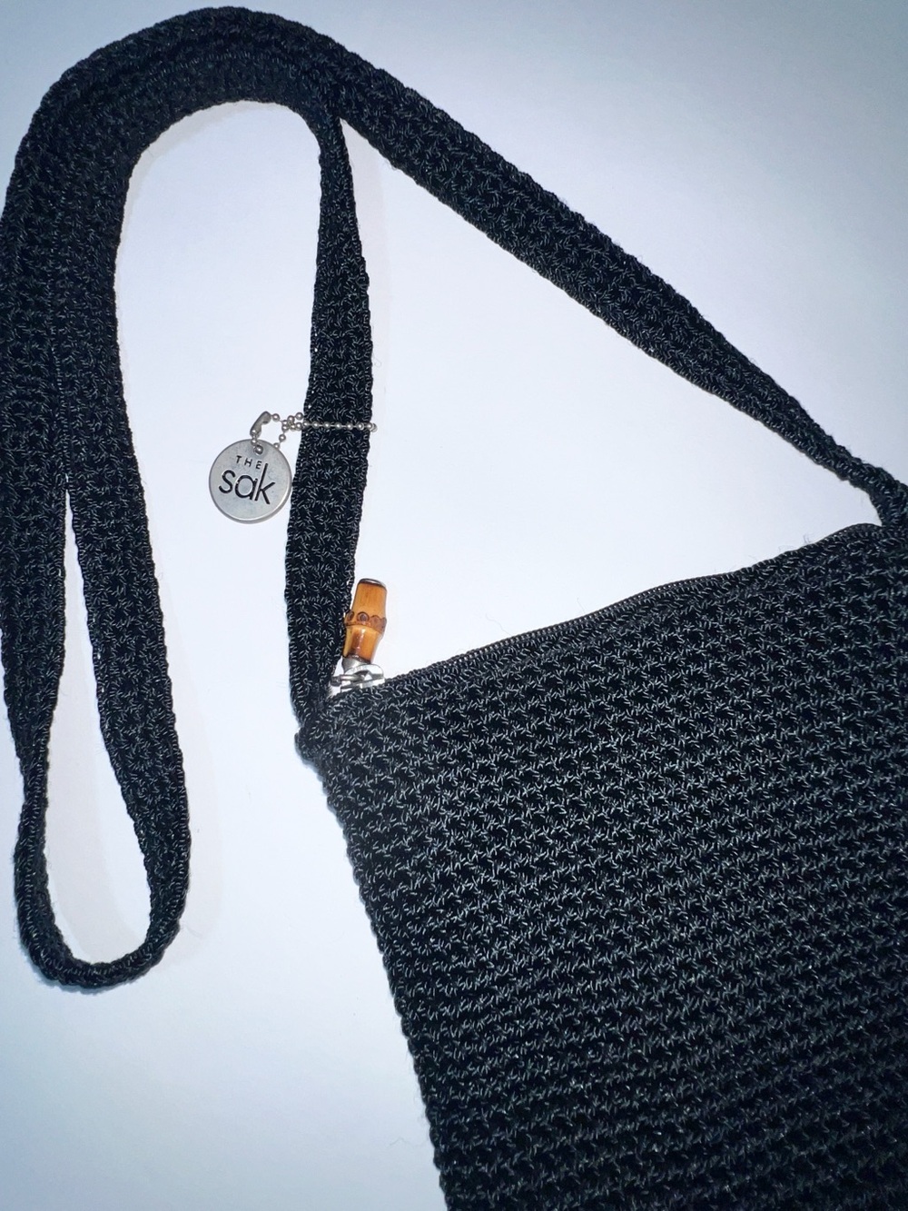 The Sak Vintage Black Hand-Crochet Crossbody Purse Bag Bamboo Zipper Pull Y2K - Picture 4 of 14